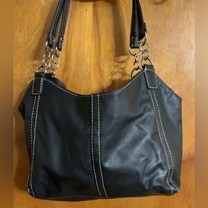 Avon Black Purse Bag Leather Look Women's Pockets Gold Look Accents